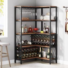 a wine rack with many bottles and glasses