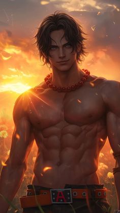 a man with no shirt on standing in front of a sunset and holding his hands behind his back