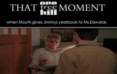 a man and woman standing next to each other in front of a door with the words, that free moment when mouth gives jimmy yearbook to ms edward