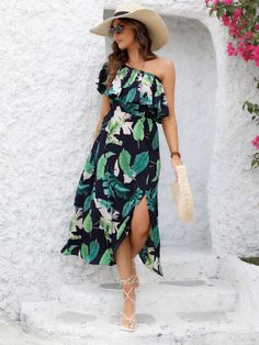 Navy Blue Boho Collar Sleeveless Woven Fabric Tropical A Line Embellished Non-Stretch  Women Clothing Beach Vacation Style, Split Hem Dress, Hawaiian Beach, Hawaiian Beaches, Vacation Style, St Lucia, Hem Dress, Split Hem, Dress P