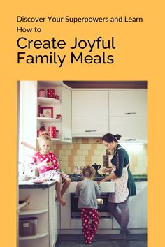 a woman and two children are in the kitchen