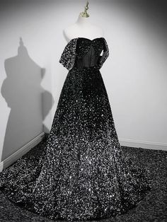 Black Floor-length Prom Dress, Black Fitted A-line Gown, Fitted Black A-line Gown, Elegant Black A-line Gown, Black A-line Wedding Gown, Glamorous Black Long Sleeve Gown, Black A-line Evening Gown, Black A-line Evening Dress, Fitted A-line Gown With Sequins