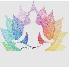 a drawing of a person sitting in a lotus position with leaves surrounding them and the colors of the rainbow