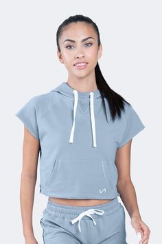 TLF Collegiate Crop Hoodie - WOMEN HOODIES-SWEATSHIRTS & JACKETS - TLF Apparel | Take Life Further Half Sleeve Hoodie, Tlf Apparel, Sporty Crop Top, Comfortable Hoodies, Powder Blue Color, Star Shorts, Womens Athletic Shorts, Sporty Shorts, Gym Hoodie