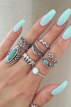 Wedding Nail Polish, Bohemian Style Rings, Gel Nails At Home, Knuckle Ring, Nail Polish Designs, Knuckle Rings, Rings Set, Square Nails, Cute Acrylic Nails