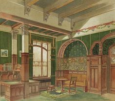 an old drawing of a room with green walls and wood trimmings on the ceiling