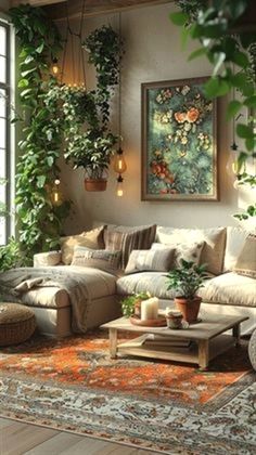 Native American Chic Living Rooms Romantic Living Room Decor Cozy, Cozy Plant Living Room, Boho Earthy Living Room, Living Room String Lights Ideas, Plant Sitting Room, Eco Living Room, Cozy Bright Living Room, Biophilic Living Room, Inviting Colors