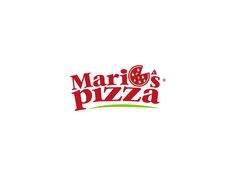 the logo for mario's pizza is shown in red and green letters on a white background