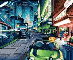 a car driving down a city street next to tall buildings and neon signs at night