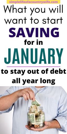 a man holding money in his hand with the words saving for january to stay out of debt all year long