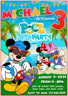 mickey mouse and friends birthday party with the name michael 3 is turning to pool party