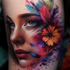 a woman's face with colorful flowers painted on her body and behind it is the image of a flower