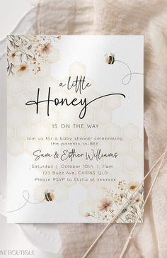 a card with the words, little honey on it and some flowers next to it