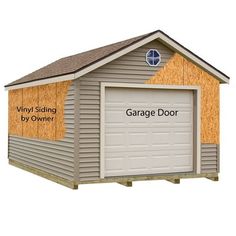 a garage with the words garage door written on it and an attached garage door that is labeled vinyl siding by owner