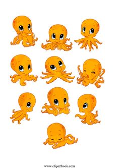 an orange octopus with many different expressions