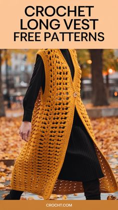 a woman wearing a yellow crochet vest with text overlay that reads, free pattern