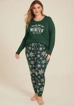 Plus Size Wake Me Up When Winter Is Over Graphic Tee And Jogger Pajama Set - Materials & Care:imported -  top: 97.4% polyester 2.6% spandex; bottom: 95.5% polyester 4.5% spandex - machine wash New Jeans Top, Maternity Pajamas, Wake Me, Curvy Jeans, Maternity Shops, List Style, Plus Dresses, A Plus, Wake Me Up