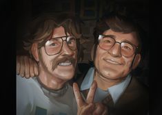 two men with glasses making the peace sign