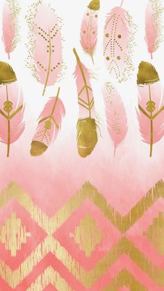 pink and gold feathers are arranged in the shape of an abstract pattern on a white background