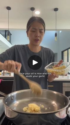 a woman stirring food in a pan on the stove