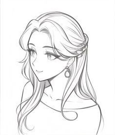 a drawing of a girl with long hair and earrings on her head, looking to the side