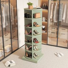 there is a shoe rack in the middle of a room with shoes on it and other items scattered around