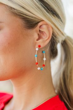 Peppy Fun Red White and Blue Multi Hoop Earrings – Shop the Mint Casual Summer Hoop Jewelry, Trendy Summer Small Hoop Beaded Earrings, Trendy Beaded Hoop Earrings For Summer, Red Small Hoop Earrings For Summer, Trendy Red Beaded Earrings For Beach, Fun Red Summer Jewelry, Red Hoop Earrings For Summer, Red Hoop Earrings For Summer Beach, Summer Colorful Beaded Hoop Earrings