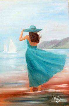 a painting of a woman in a blue dress and hat looking out at the ocean