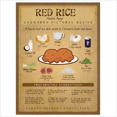 the red rice recipe poster is shown with instructions on how to make it and what to use