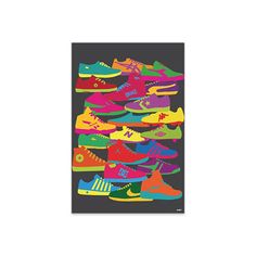 a poster with many colorful shoes on the front and back of it, all in different colors