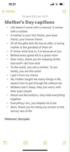 a text message with the words mother's day caption in yellow and black