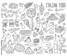 italian food and drinks hand drawn doodle style illustration with black ink on white background