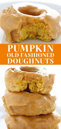 pumpkin old fashioned doughnuts are stacked on top of each other