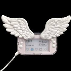 an electronic device with angel wings on the front and back sides, attached to a cord