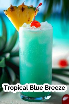 a tropical blue breeze cocktail garnished with a pineapple