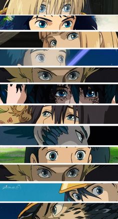 anime characters with different eyes and hair, all looking at the same person's face