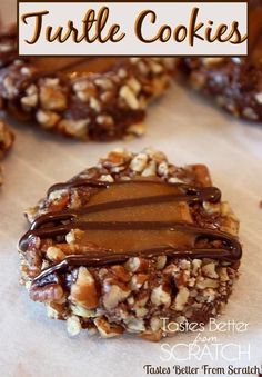 chocolate turtle cookies with nuts and caramel on top