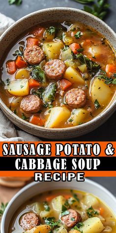 sausage potato and cabbage soup recipe in a bowl on a table with the title above it