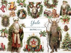 an image of christmas decorations and deers in watercolor on white paper with the words yule