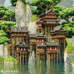 an artistic rendering of some buildings in the water with trees and rocks behind them,