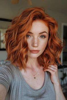 30+ Striking Red Hair Color Ideas Trending in 2024 - Flo's Blog Dyed Natural Red Hair, Orange Copper Hair Color Dark Roots, Natural Orange Hair Color, Bold Copper Hair, Rich Ginger Hair, Cool Orange Hair, Different Red Hair Colors Shades, Red Hair Color Auburn, Short Hairstyle Women Red Hair