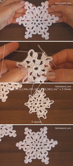 four pictures showing how to crochet snowflakes with two round needles