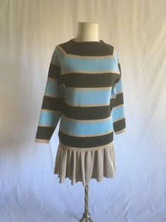 "vintage 1960s pullover women's sweater label-DEMETRE pure virgin wool striped wide dark brown, light blue and thinner mocha brown striped raglan cut good vintage condition w/wear-repairs-tiny underside patches labeled M, fits more like xs/s-see below shoulder-n/a neck to sleeve-25 1/2\" chet-17 1/2\" length-25\"" Retro Fitted Long Sleeve Sweater, Winter Striped Fitted Sweater, Striped Fitted Crew Neck Sweater, Fitted Retro Striped Sweater, French New Wave Fashion, Blue Stripes Outfit, Striped Pullover, Beach Boys, Stripe Outfits