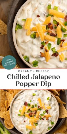 a bowl filled with cheesy chilled jalapeno dip surrounded by tortilla chips