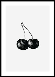 two cherries on a white background framed in black and white with a black border