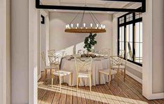 the dining room is decorated with white linens and gold chairs, as well as a chandelier