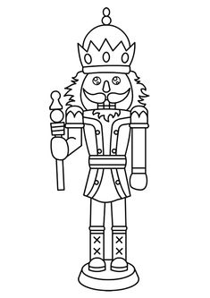 a black and white drawing of a nutcracker wearing a crown, holding a hammer