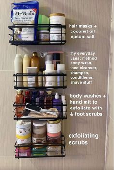 Organize Self Care Products, Bathroom Body Wash Storage, Aesthetic Shower Organization, Body Care Organization, Shower Products Aesthetic, Hair Care Organization, Aesthetic Shower Products, Shower Organization Ideas, Shower Care