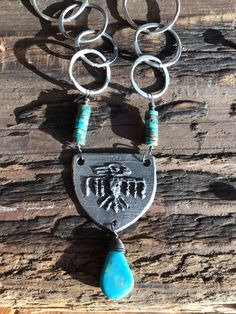 Primitive Thunderbird necklace with turquoise and leather with vintage nickel buffalo nickel closure, cowgirl jewelry, southwest style. Southwestern Style Nickel-free Necklace For Gift, Thunderbird Necklace, Nickel-free Southwestern Blue Turquoise Necklace, Southwestern Style Blue Turquoise Nickel-free Necklace, Arrow Earrings, Buffalo Nickel, Southwestern Nickel-free Turquoise Jewelry, Hippie Chick, Cowgirl Jewelry