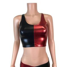 Crop Tank Top - Harley Quinn Black/Red Metallic– Peridot Clothing Halloween Punk Crop Top For Club, Punk Crop Top For Halloween Clubbing, Punk Style Halloween Crop Top For Club, Black Stretch Rave Crop Top, Black Stretch Crop Top For Rave, Edgy Red Tops For Club, Fitted Halloween Crop Top, Edgy Red Crop Top For Summer, Black Disco Tops For Club